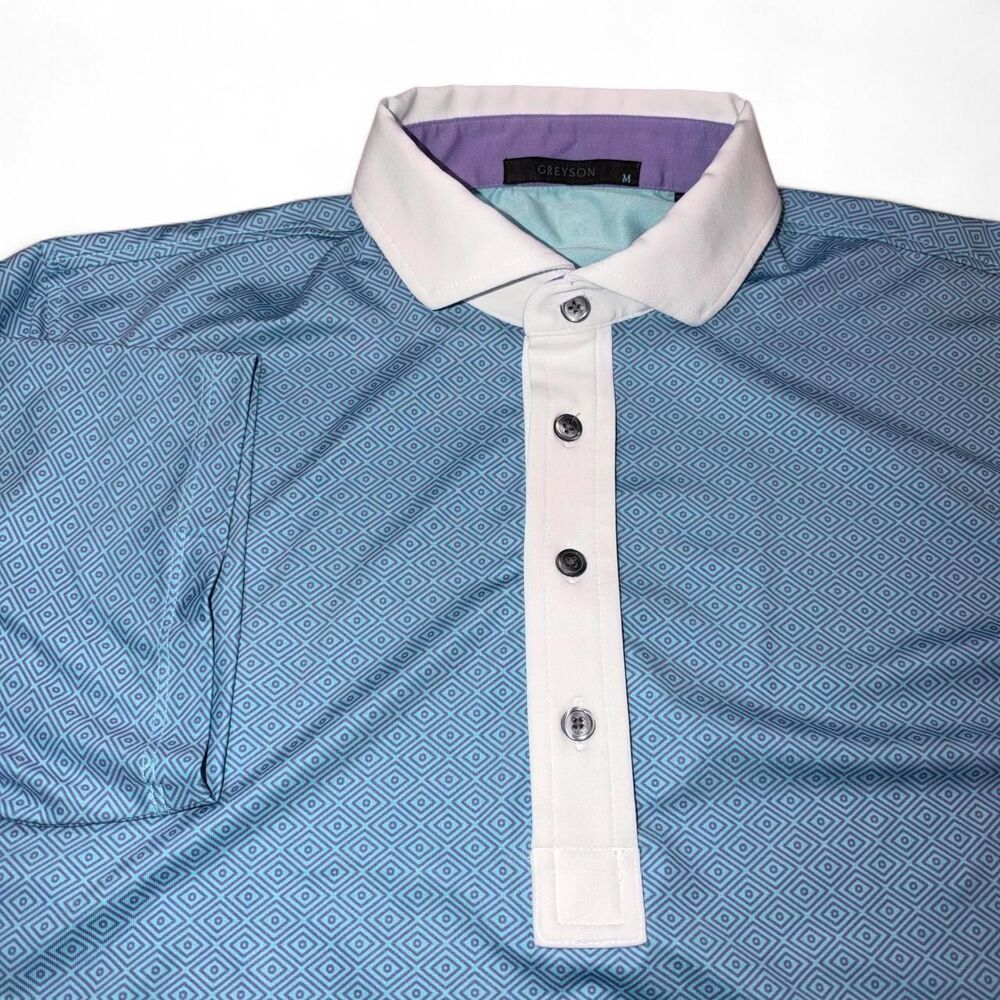 Greyson Performance Golf Polo Shirt Blue w/ Purple Diamond Pattern Men's M